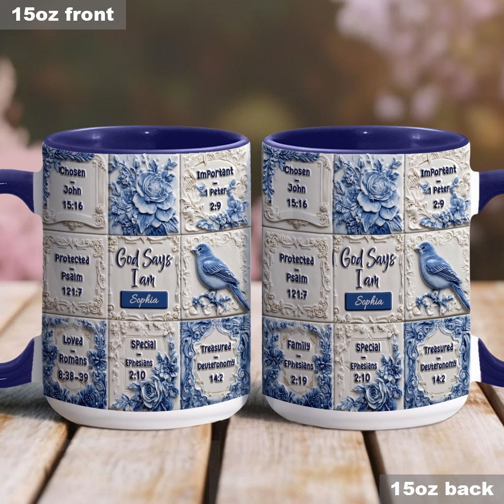 Gott sagt, ich bin es – personalisierte Tasse mit Toile-de-Jouy-Muster und christlichem Akzent