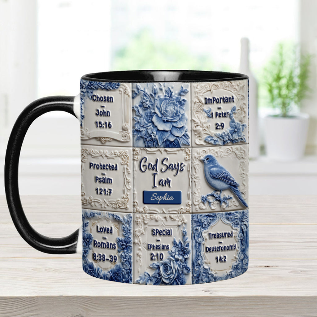 Gott sagt, ich bin es – personalisierte Tasse mit Toile-de-Jouy-Muster und christlichem Akzent