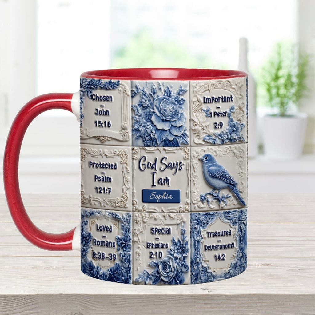 Gott sagt, ich bin es – personalisierte Tasse mit Toile-de-Jouy-Muster und christlichem Akzent
