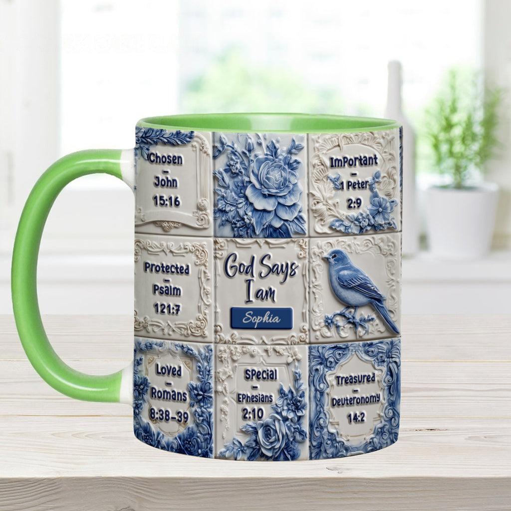 Gott sagt, ich bin es – personalisierte Tasse mit Toile-de-Jouy-Muster und christlichem Akzent