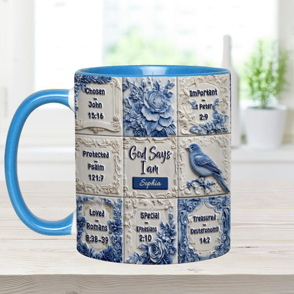 Gott sagt, ich bin es – personalisierte Tasse mit Toile-de-Jouy-Muster und christlichem Akzent
