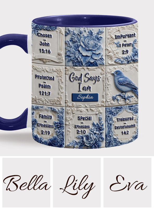 Gott sagt, ich bin es – personalisierte Tasse mit Toile-de-Jouy-Muster und christlichem Akzent