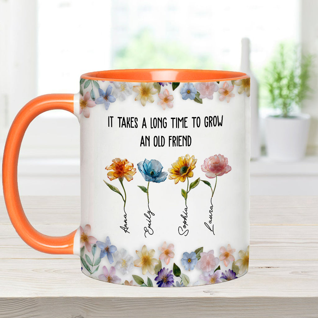 Es dauert lange, bis eine alte Freundschaft wächst – personalisierte Tasse mit dem Aufdruck „Beste Freundin“.
