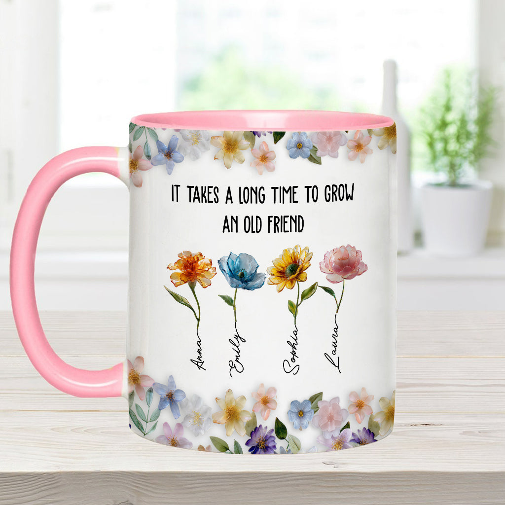 Es dauert lange, bis eine alte Freundschaft wächst – personalisierte Tasse mit dem Aufdruck „Beste Freundin“.