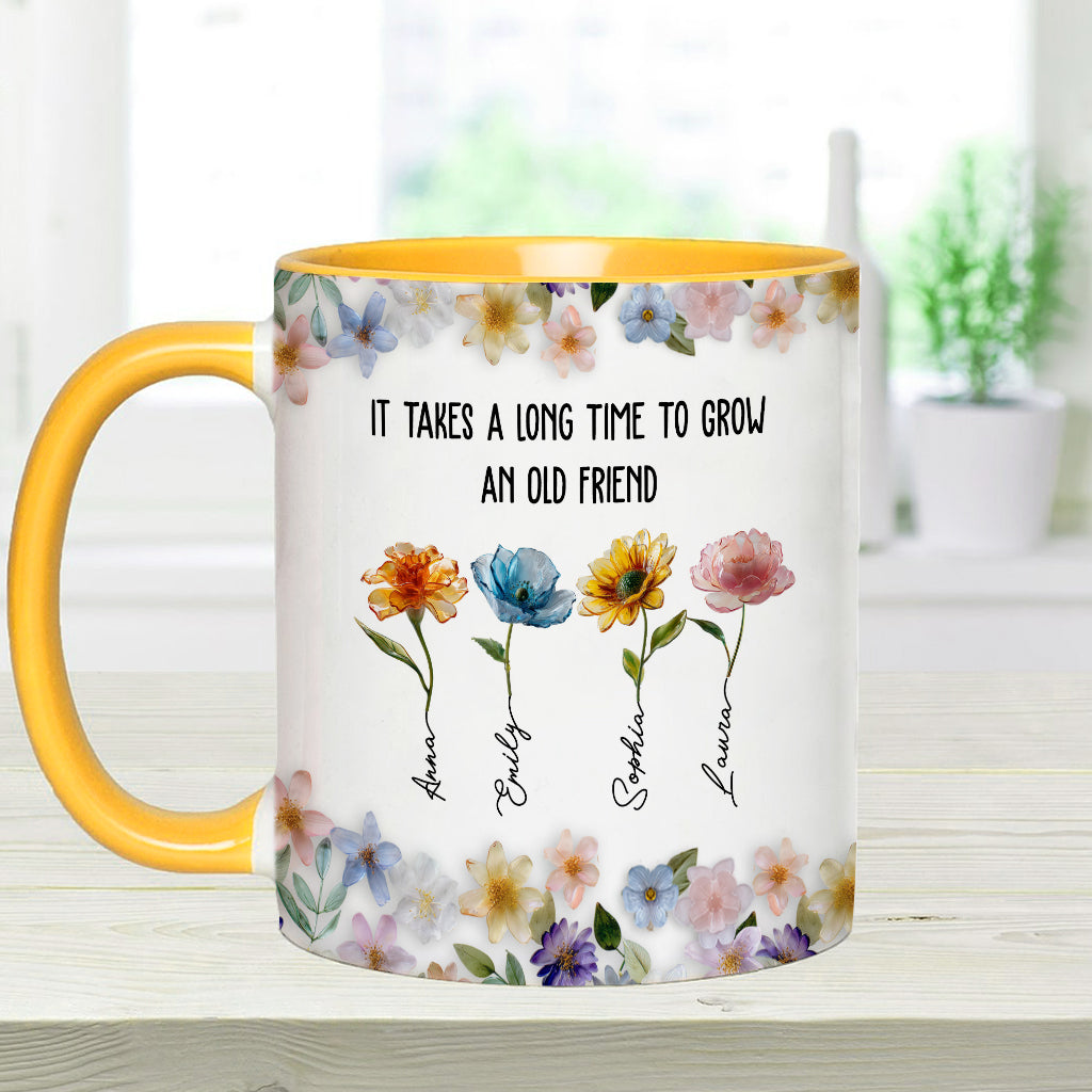 Es dauert lange, bis eine alte Freundschaft wächst – personalisierte Tasse mit dem Aufdruck „Beste Freundin“.