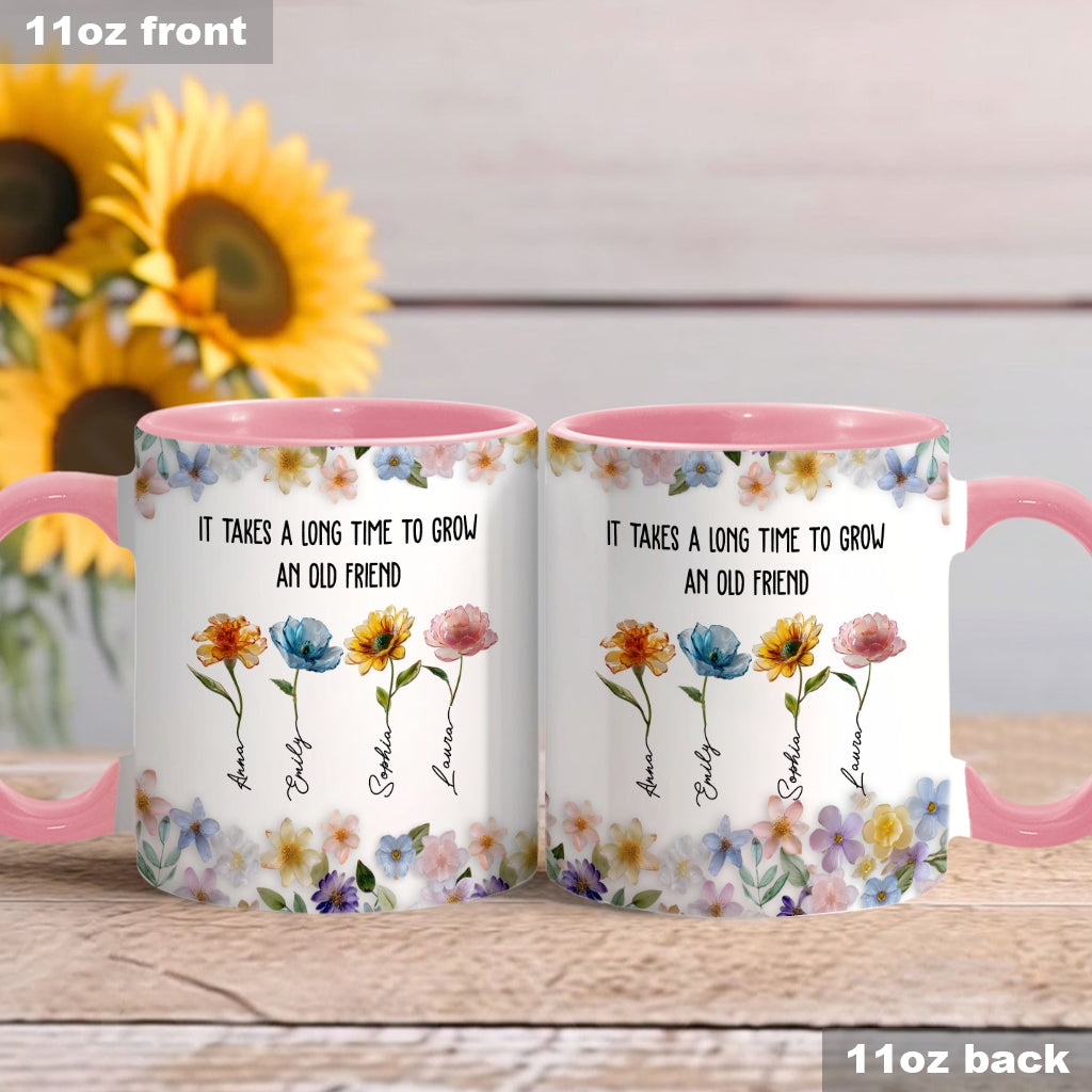 Es dauert lange, bis eine alte Freundschaft wächst – personalisierte Tasse mit dem Aufdruck „Beste Freundin“.