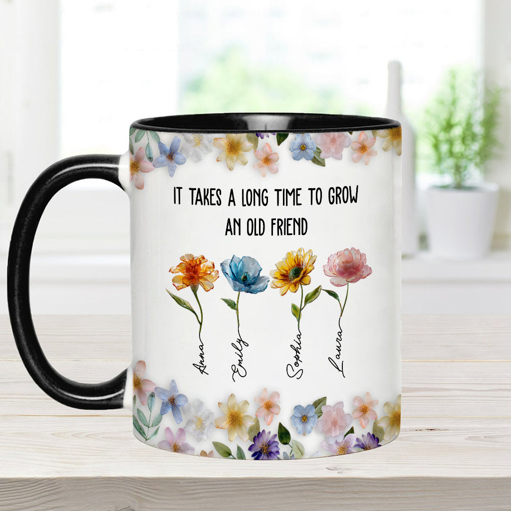 Es dauert lange, bis eine alte Freundschaft wächst – personalisierte Tasse mit dem Aufdruck „Beste Freundin“.