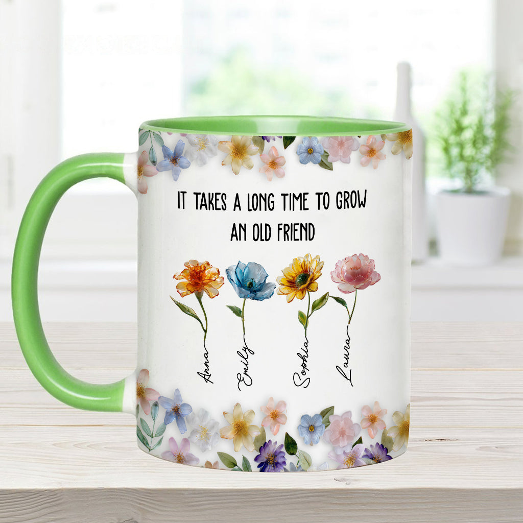 Es dauert lange, bis eine alte Freundschaft wächst – personalisierte Tasse mit dem Aufdruck „Beste Freundin“.