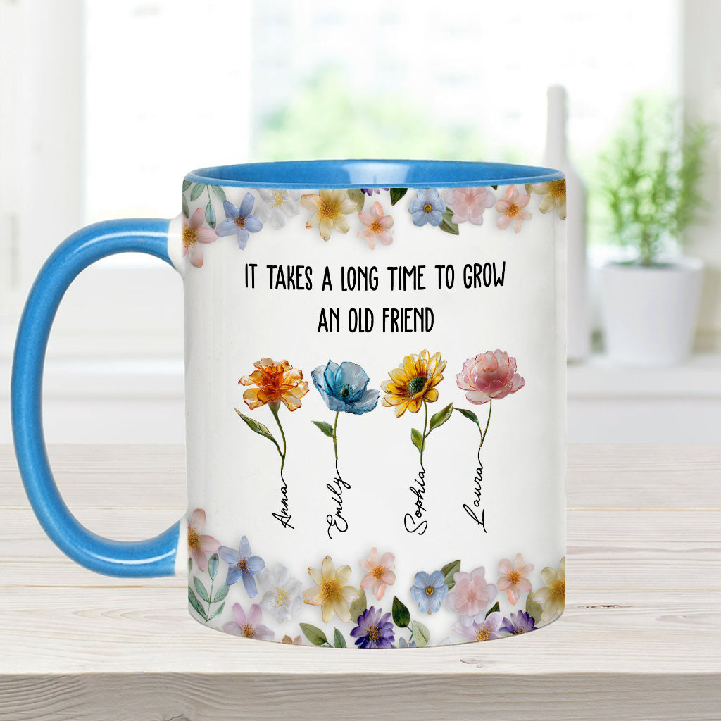 Es dauert lange, bis eine alte Freundschaft wächst – personalisierte Tasse mit dem Aufdruck „Beste Freundin“.