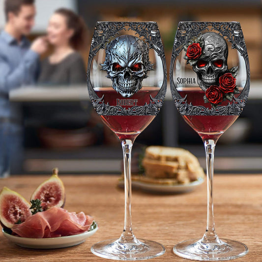Hallo Dunkelheit – Geschenk für Paare – Personalisiertes Totenkopf-Weinglas mit langem Stiel