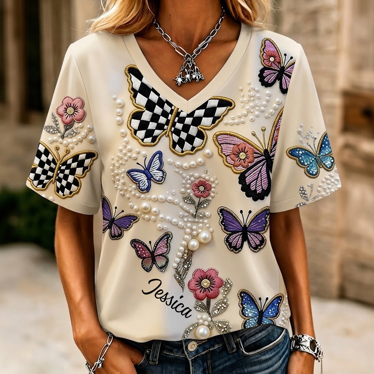Love Butterfies - Personalized Butterfly Fully Printed V-Neck T-Shirt