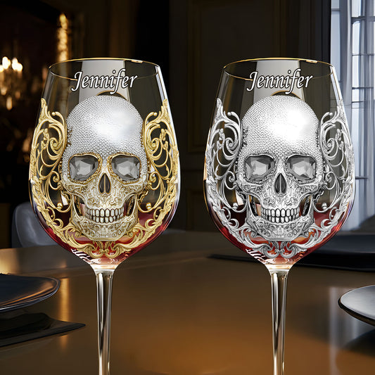 Hochwertige Totenkopf-Kunst – personalisiertes Totenkopf-Weinglas mit langem Stiel