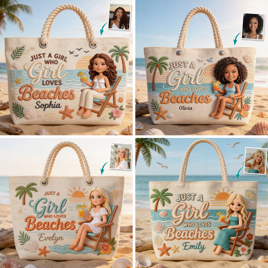 Custom Any Photo Just A Girl Who Loves Beaches - Personalized Sea Lover Beach Bag