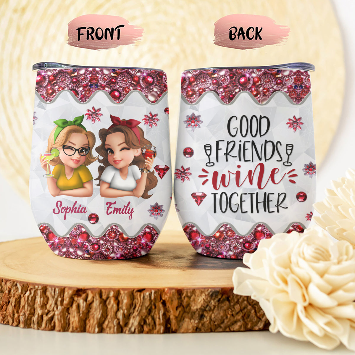 Gemeinsam Wein für gute Freunde – personalisierter Weinbecher für beste Freundinnen