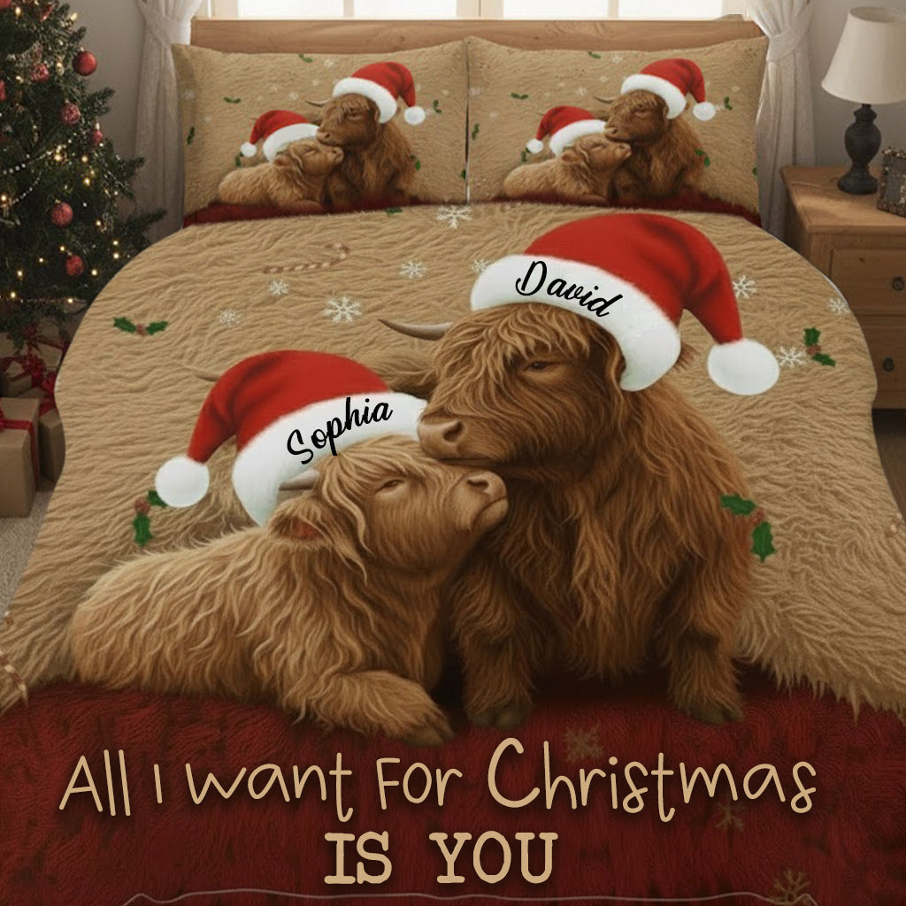 All I Want For Christmas Is You - Personalized Highland Cow Quilt Set