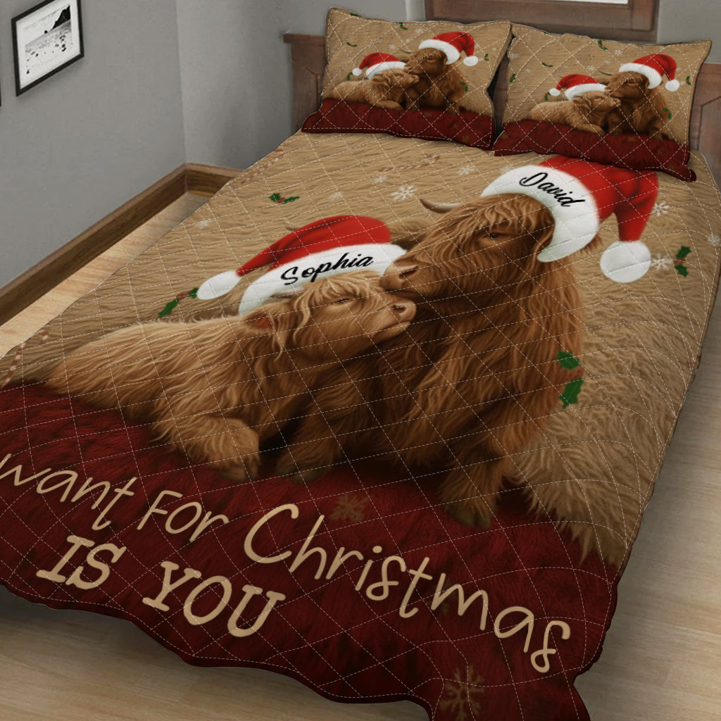 All I Want For Christmas Is You - Personalized Highland Cow Quilt Set
