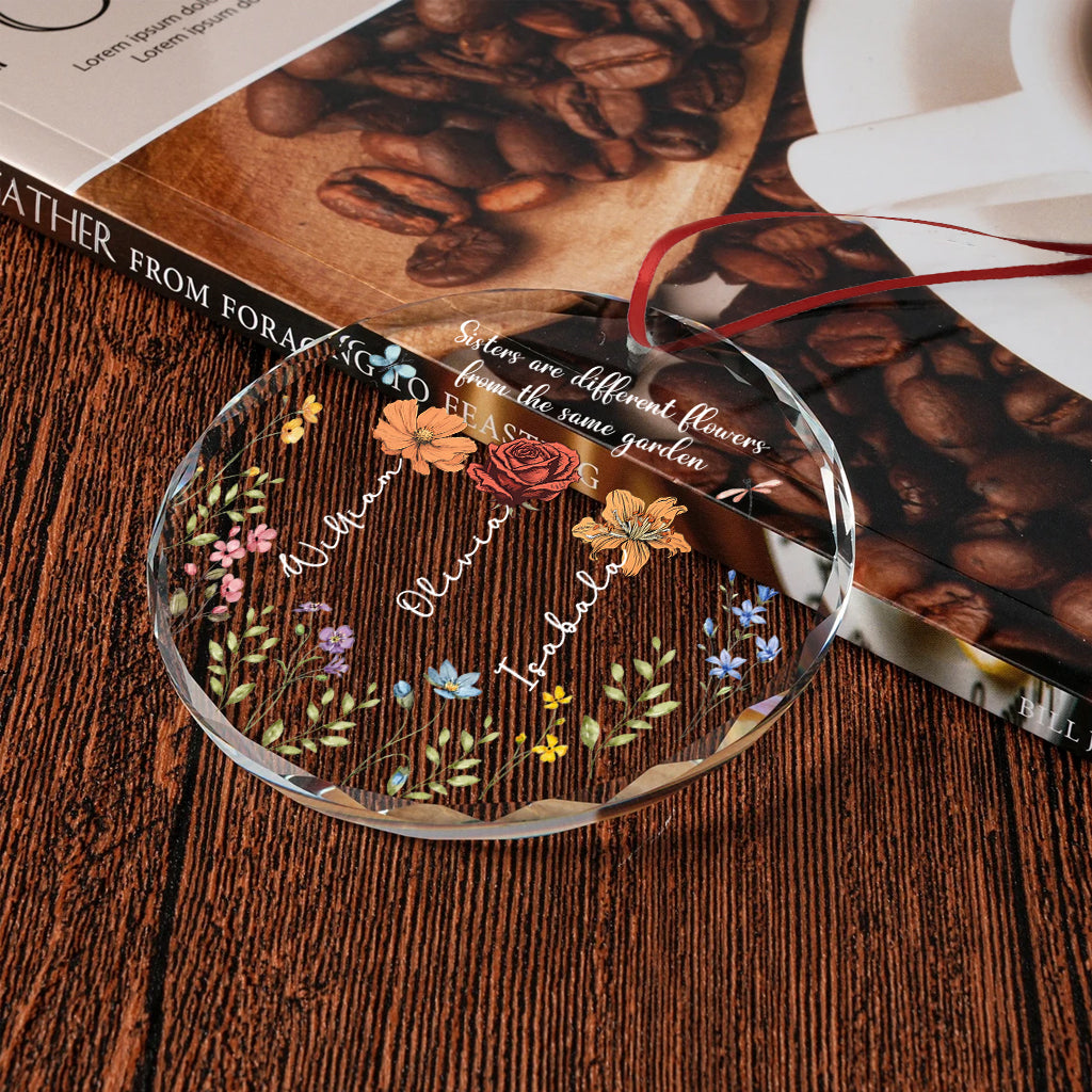 Bunte Gartenblumen – Personalisierter runder Glasanhänger für Geschwister