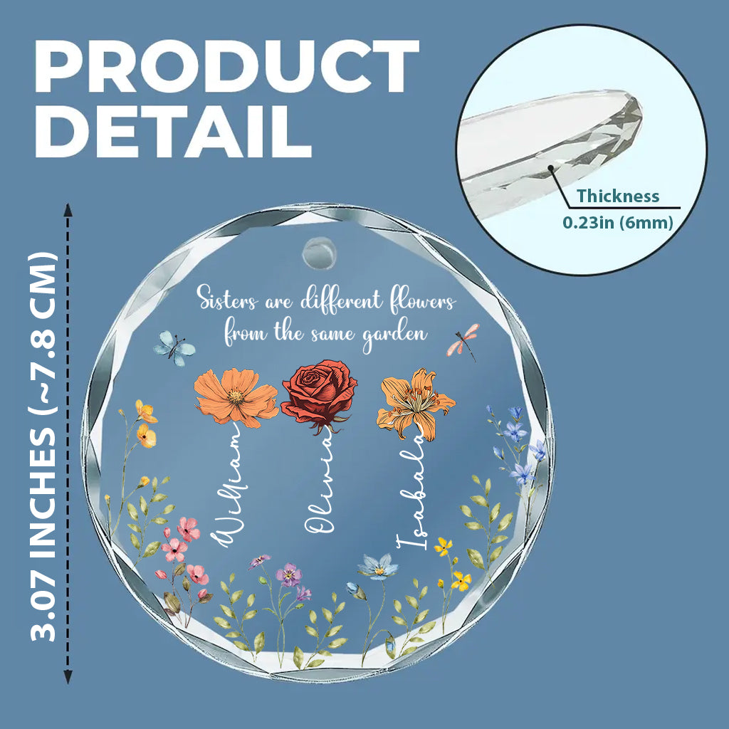 Bunte Gartenblumen – Personalisierter runder Glasanhänger für Geschwister