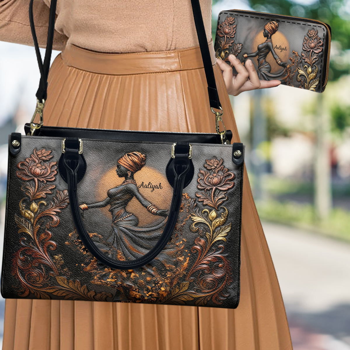 Wunderschöne schwarze Frau – personalisierte afroamerikanische Lederhandtasche und lange Ledergeldbörse