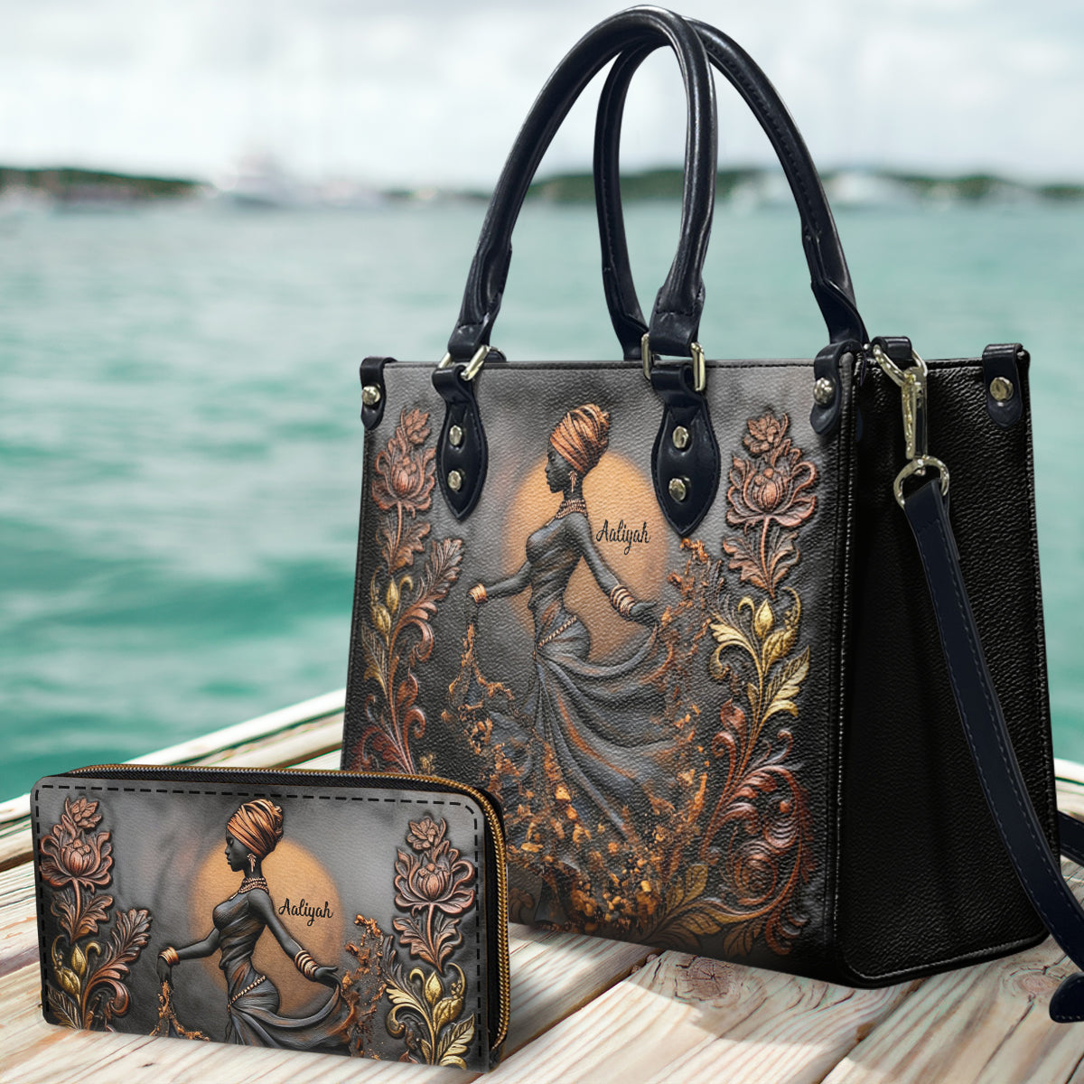 Wunderschöne schwarze Frau – personalisierte afroamerikanische Lederhandtasche und lange Ledergeldbörse
