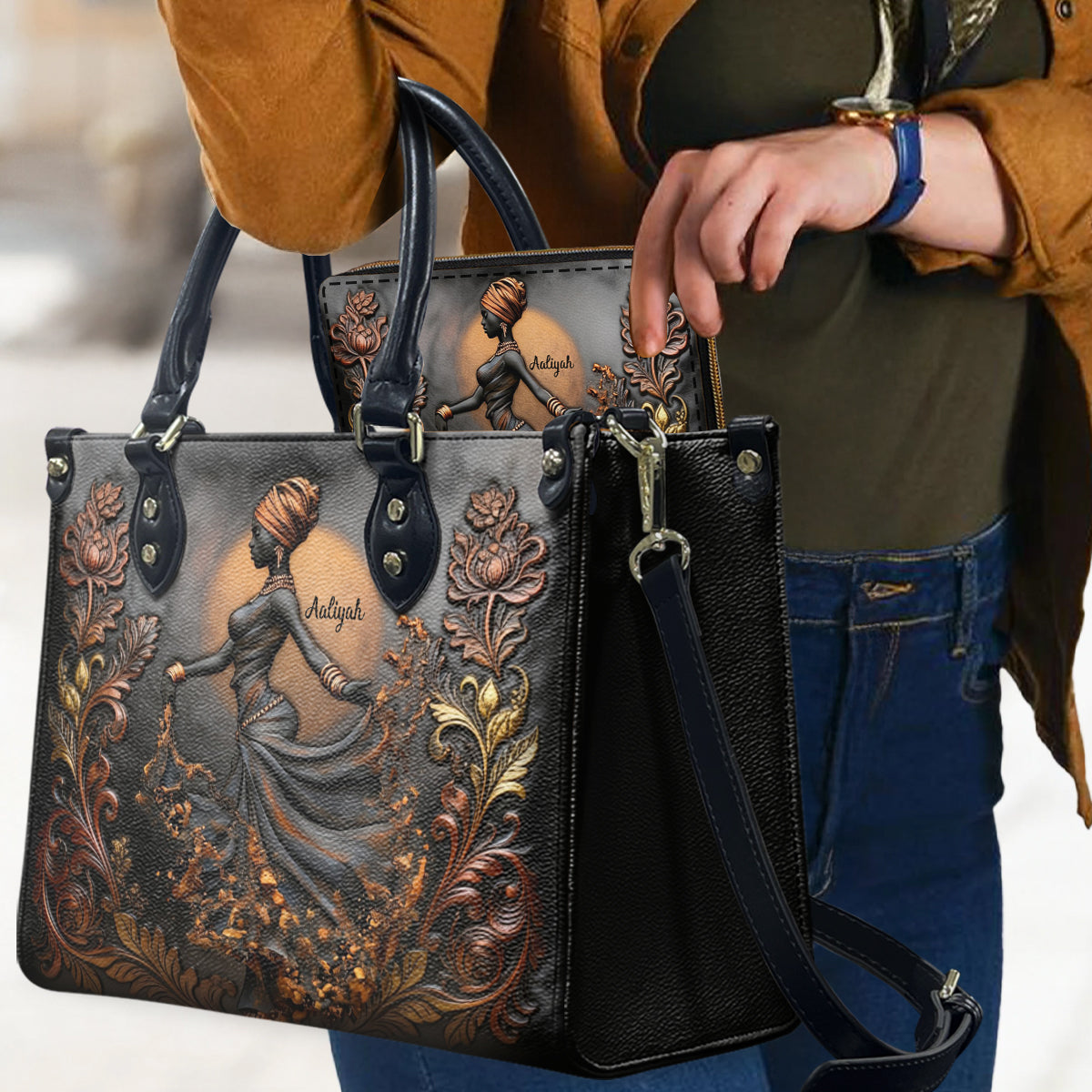 Wunderschöne schwarze Frau – personalisierte afroamerikanische Lederhandtasche und lange Ledergeldbörse