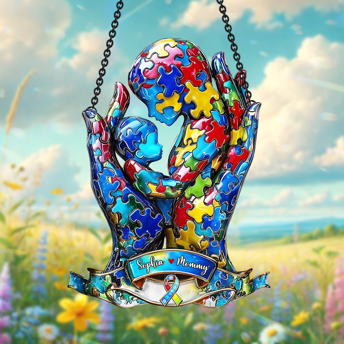 Mutter und Kind – Personalisierter Fensterhänger mit Sonnenfänger zum Thema Autismus