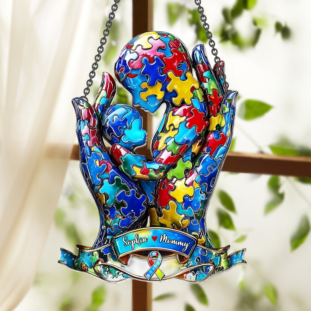 Mutter und Kind – Personalisierter Fensterhänger mit Sonnenfänger zum Thema Autismus