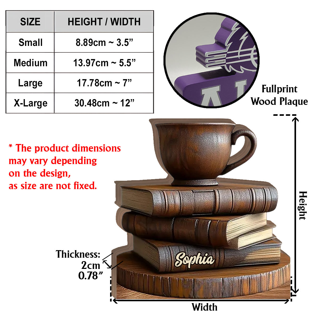 Buch- und Kaffeetassen-Dekoration aus Holz – personalisierte, individuell geformte Buch-Holzplakette