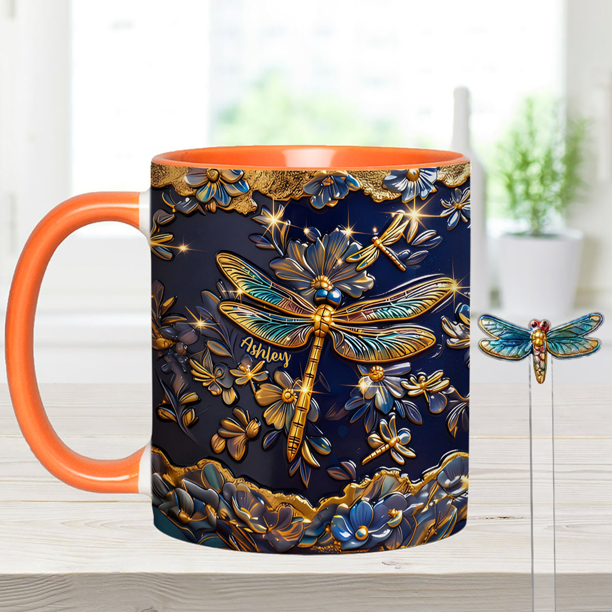 Libellenliebe – Personalisierte Libellen-Tasse mit Acryl-Rührstäbchen