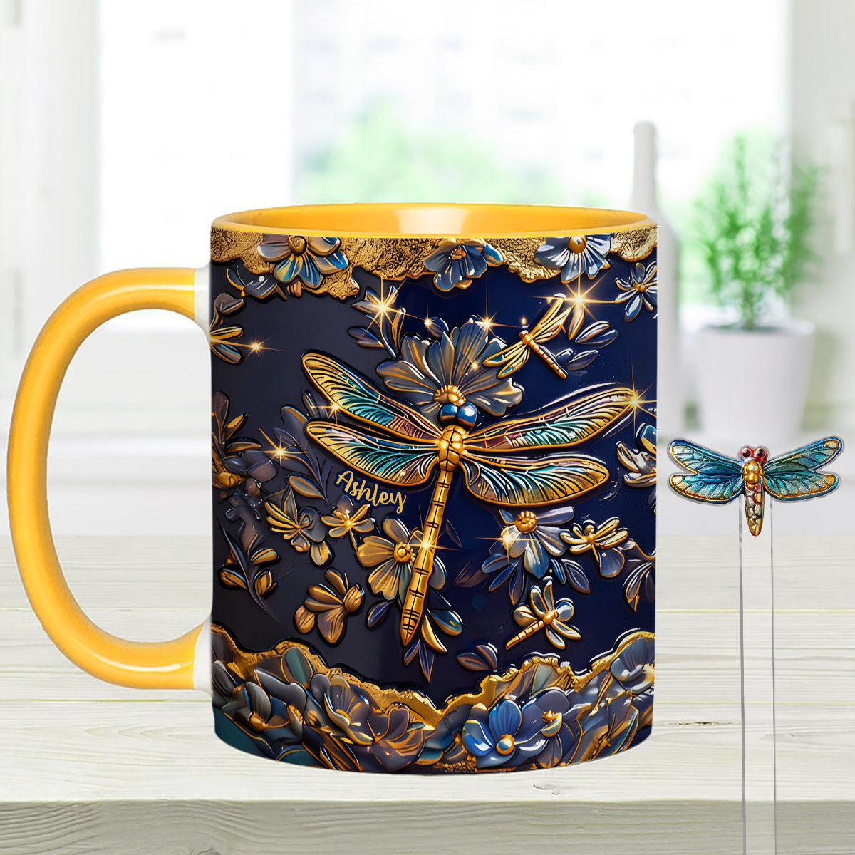 Libellenliebe – Personalisierte Libellen-Tasse mit Acryl-Rührstäbchen