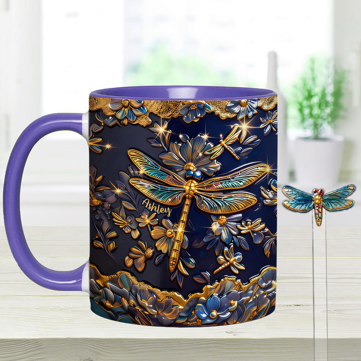 Libellenliebe – Personalisierte Libellen-Tasse mit Acryl-Rührstäbchen