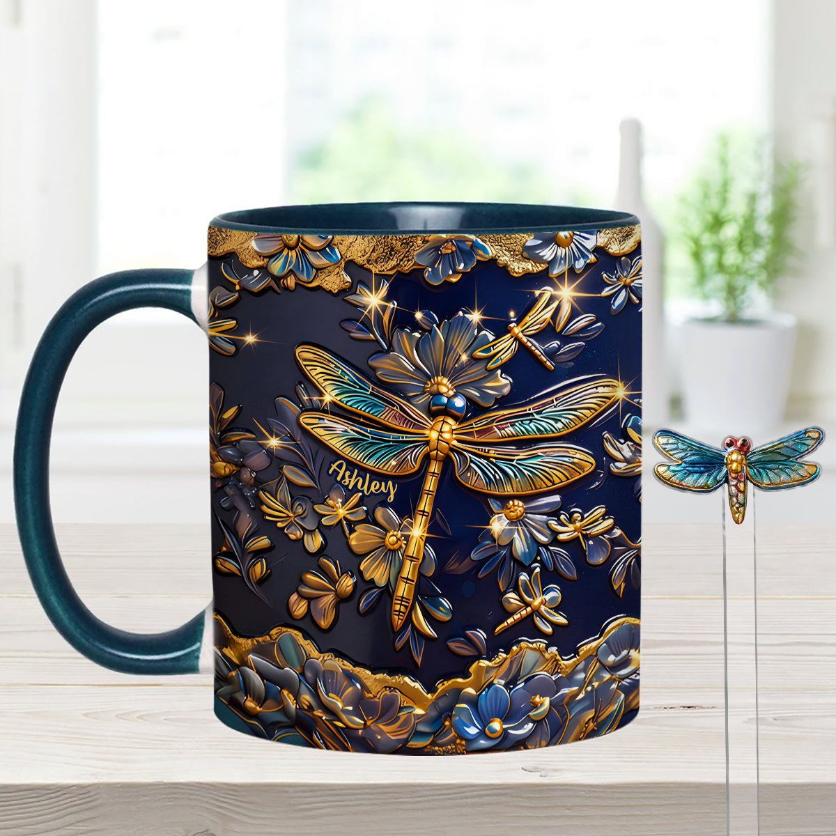Libellenliebe – Personalisierte Libellen-Tasse mit Acryl-Rührstäbchen