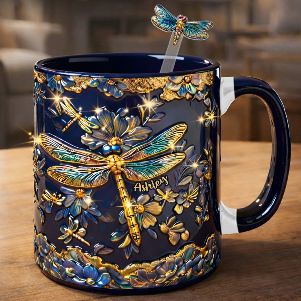 Libellenliebe – Personalisierte Libellen-Tasse mit Acryl-Rührstäbchen