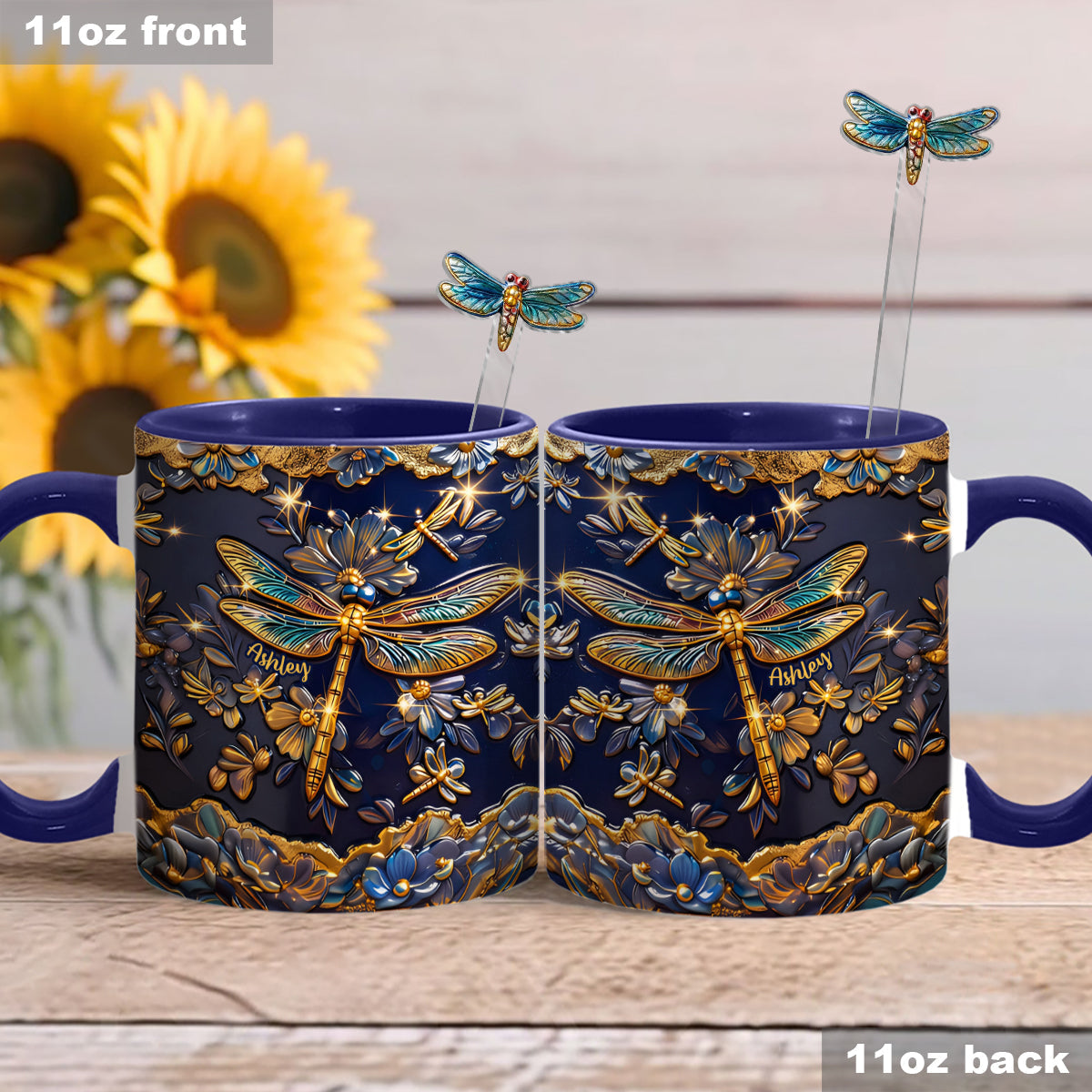 Libellenliebe – Personalisierte Libellen-Tasse mit Acryl-Rührstäbchen
