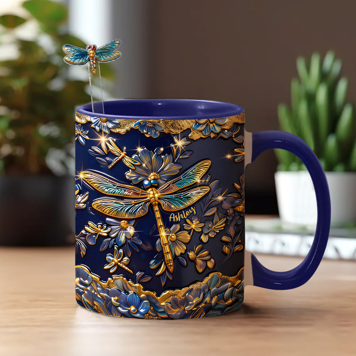 Libellenliebe – Personalisierte Libellen-Tasse mit Acryl-Rührstäbchen