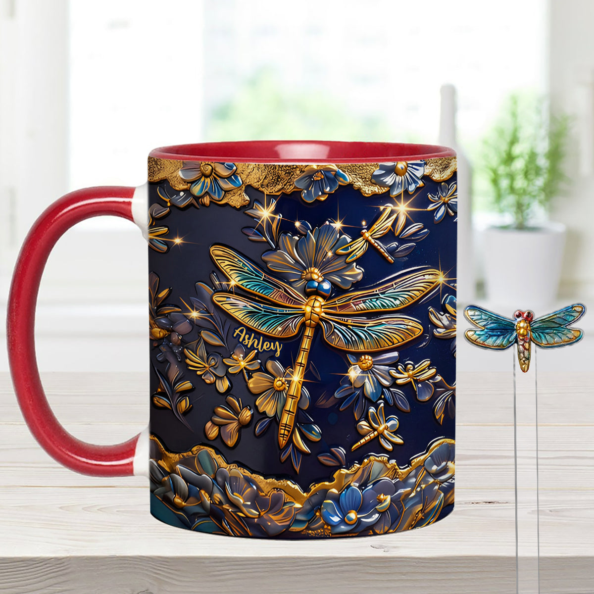 Libellenliebe – Personalisierte Libellen-Tasse mit Acryl-Rührstäbchen
