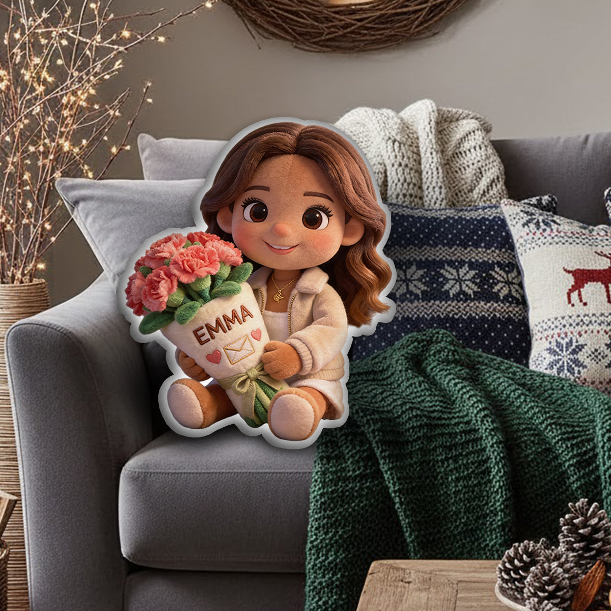 Geburtsblumen-Kissen mit Foto (individuell gestaltbar) – Selbstliebe-Kissen in Kunstfellform