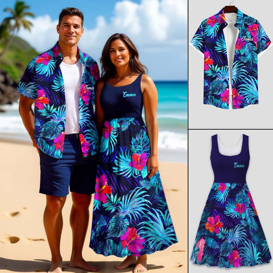 Tropische Hibiskusblüten im Partnerlook: Hawaii-Strandoutfit für Paare – personalisiertes Hawaiihemd und ärmelloses Kleid
