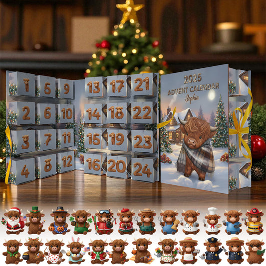 Hochlandrind im Winter - Personalisierter Adventskalender mit Hochlandrind-Motiv und Ornamenten
