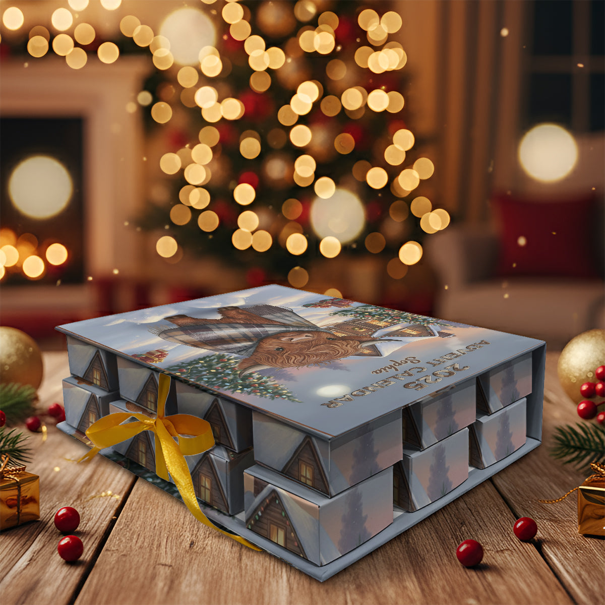 Highland Cow In Winter - Personalized Highland Cow Folded Advent Calendar With Ornaments