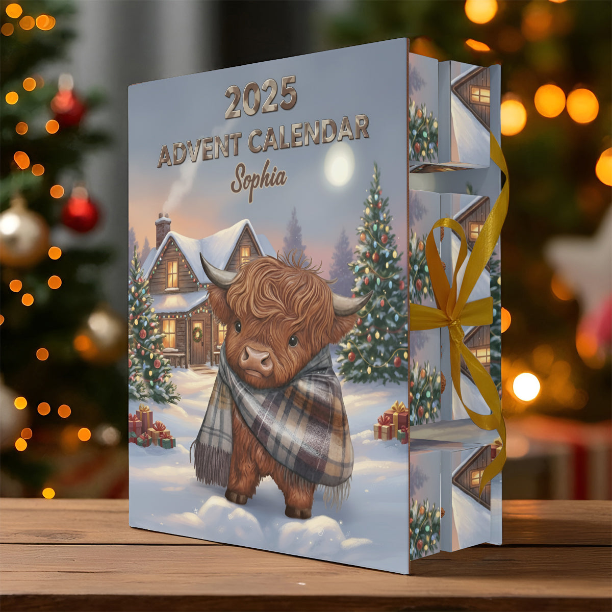 Highland Cow In Winter - Personalized Highland Cow Folded Advent Calendar With Ornaments