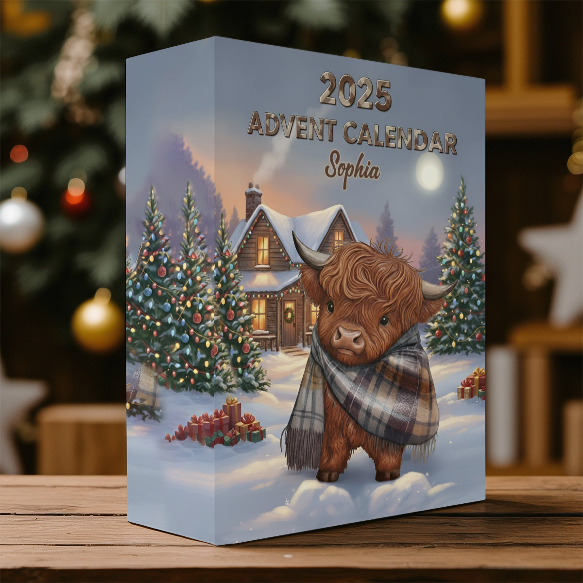 Highland Cow In Winter - Personalized Highland Cow Folded Advent Calendar With Ornaments