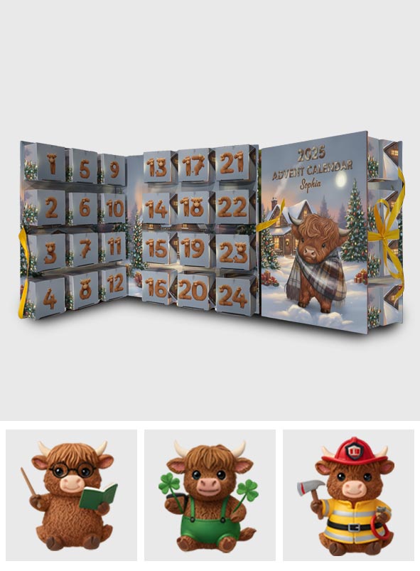 Highland Cow In Winter - Personalized Highland Cow Folded Advent Calendar With Ornaments