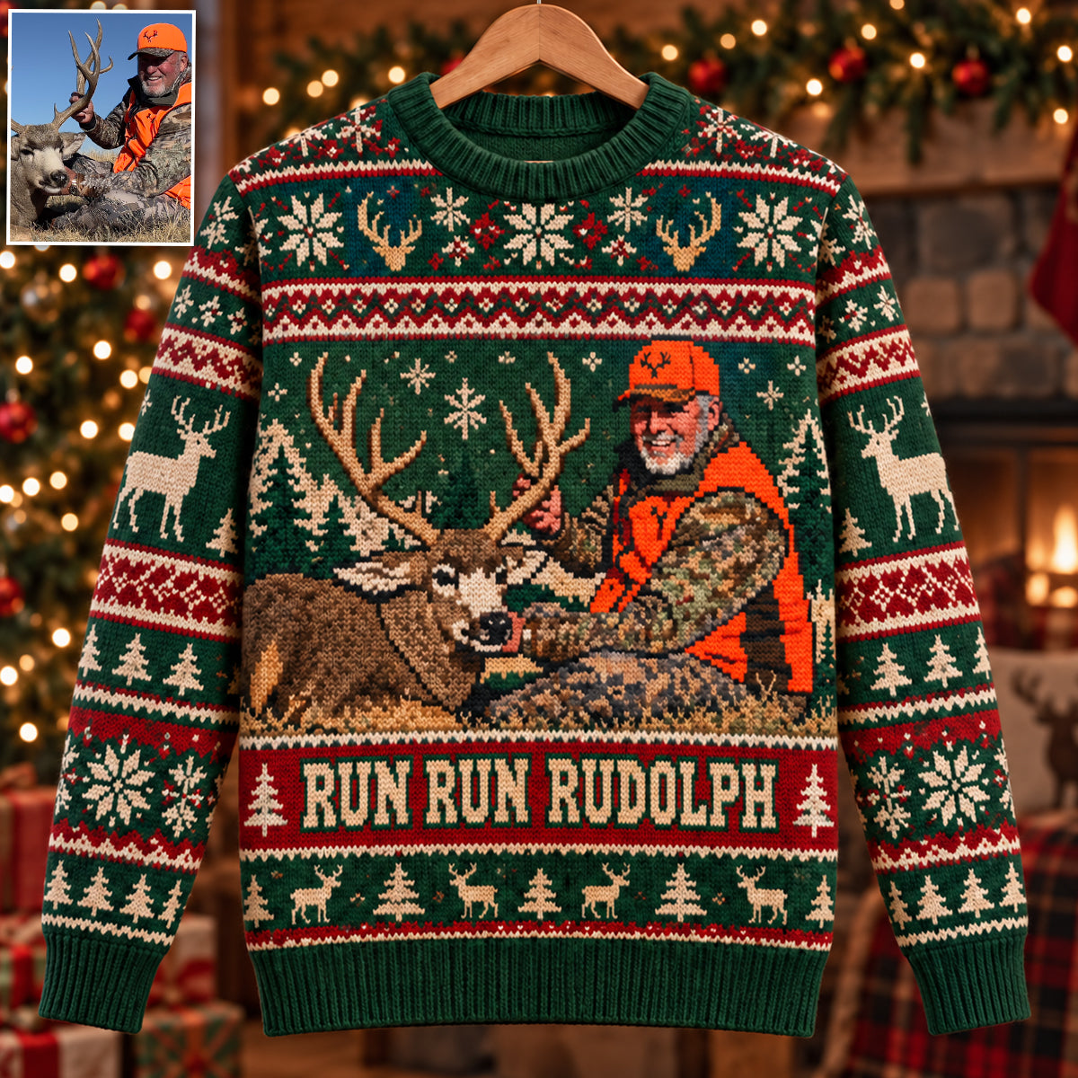 Run Run Rudolph Individuelles Foto - Personalisierter Jagd Ugly Sweater