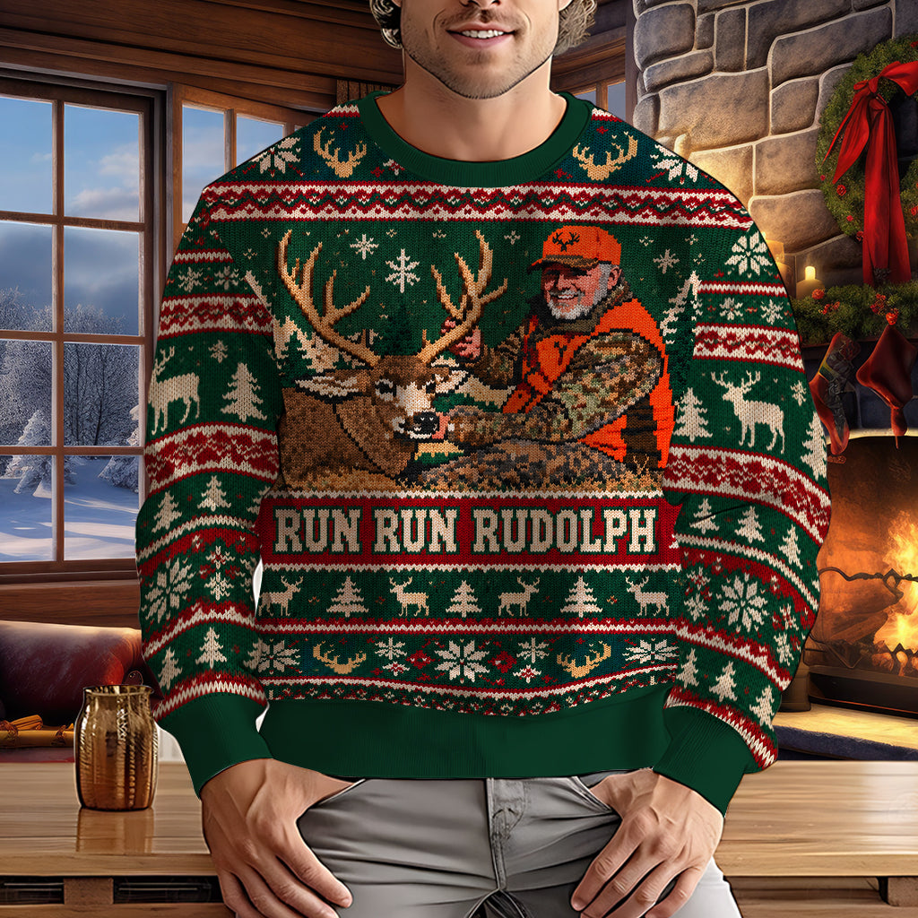 Run Run Rudolph Individuelles Foto - Personalisierter Jagd Ugly Sweater