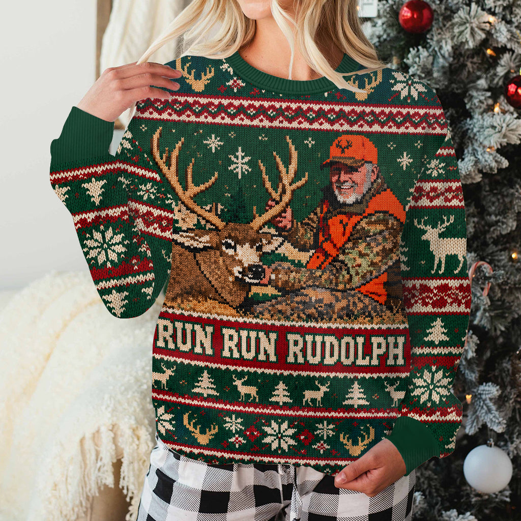 Run Run Rudolph Individuelles Foto - Personalisierter Jagd Ugly Sweater