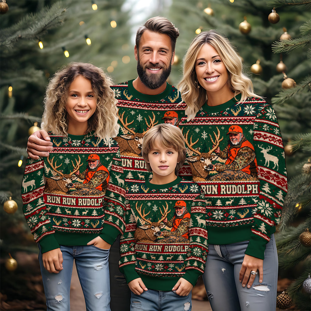 Run Run Rudolph Individuelles Foto - Personalisierter Jagd Ugly Sweater