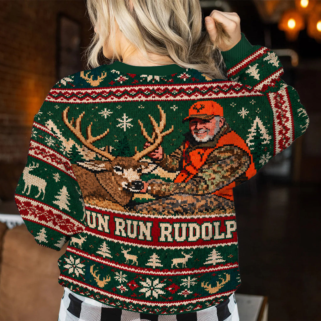 Run Run Rudolph Individuelles Foto - Personalisierter Jagd Ugly Sweater