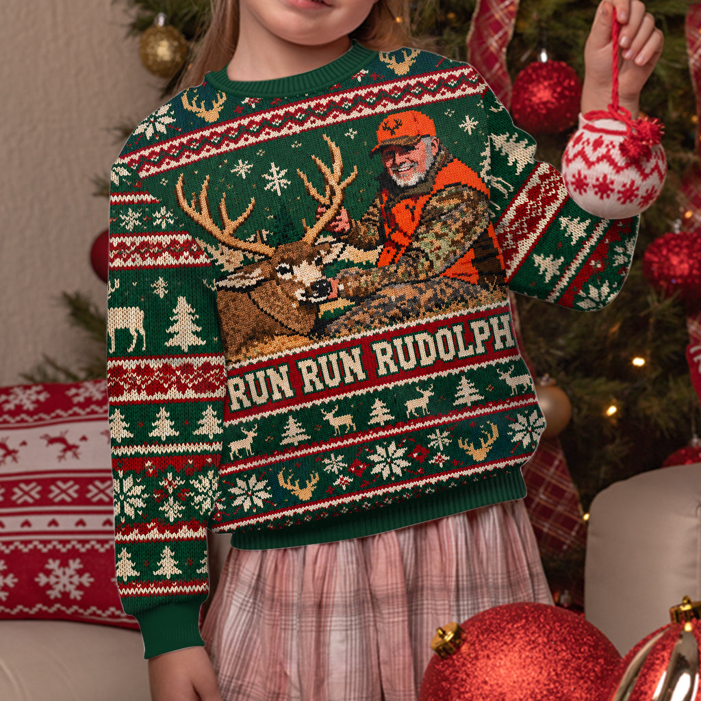 Run Run Rudolph Individuelles Foto - Personalisierter Jagd Ugly Sweater