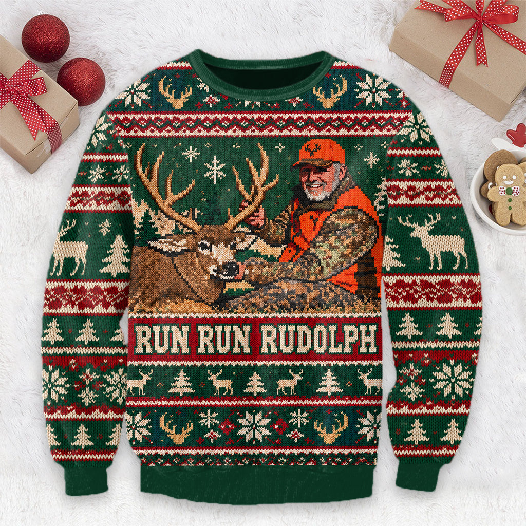 Run Run Rudolph Individuelles Foto - Personalisierter Jagd Ugly Sweater